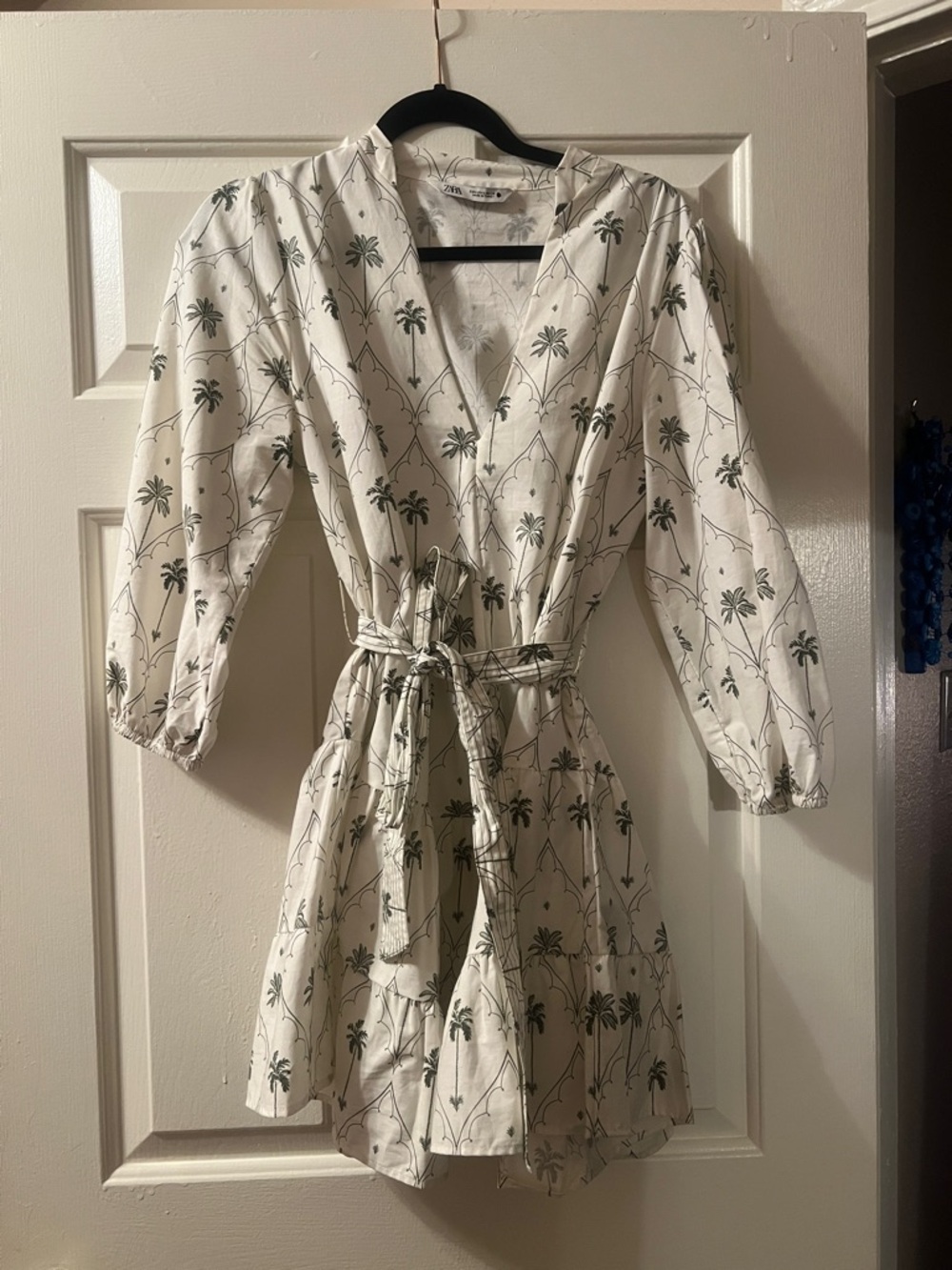 Zara White Wrap Dress with Green Palm Print